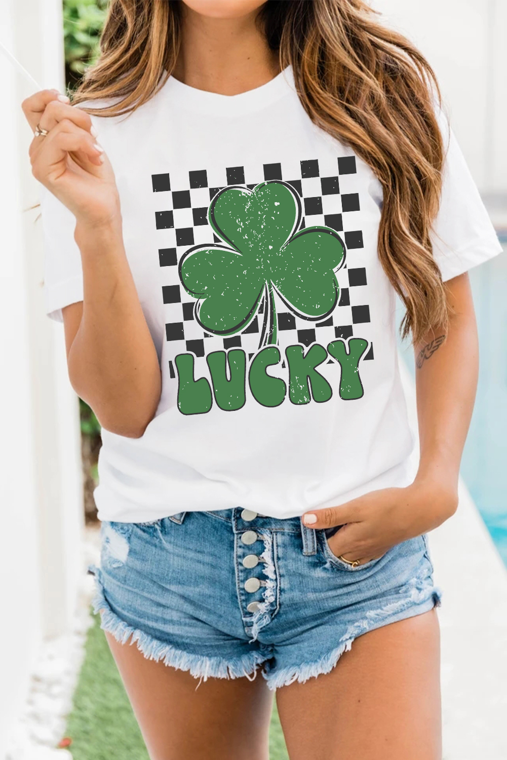 White Checker LUCKY Clover Printed St Patricks T Shirt - loveforevers