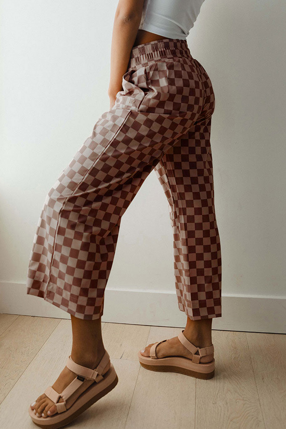 Khaki Checkered Elastic High Waist Loose Casual Pants - loveforevers