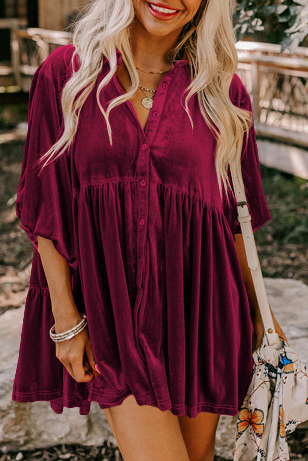 Burgundy 3/4 Sleeve Tunic Babydoll Velvet Shirt - loveforevers