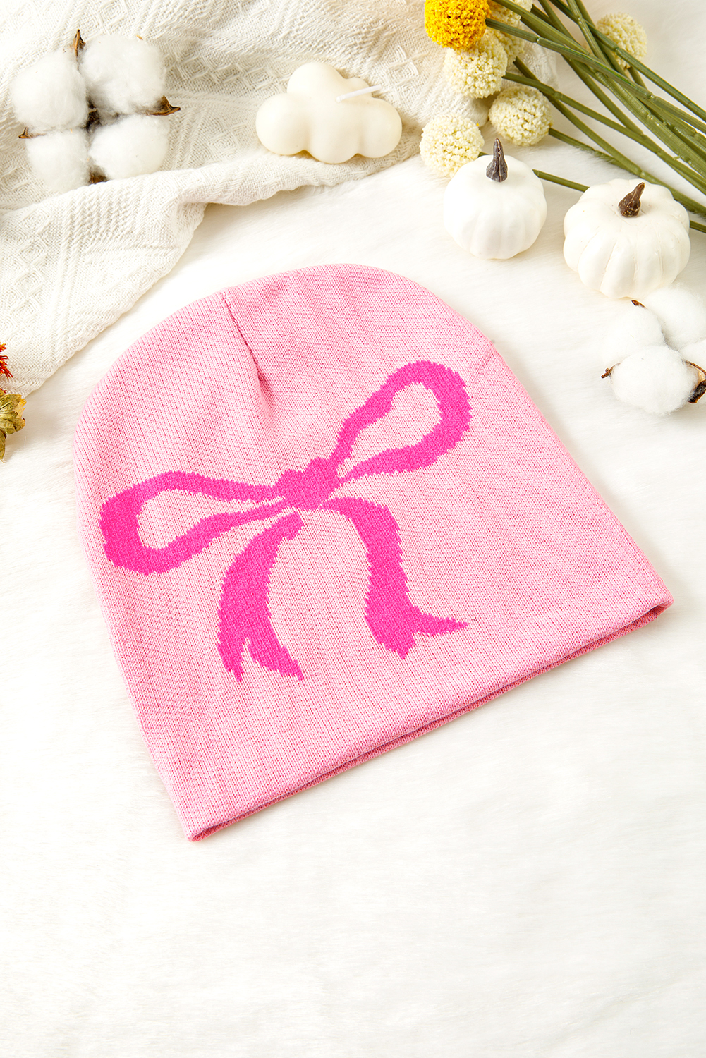 Pink Ribbon Bow Print Soft Knit Beanie - loveforevers