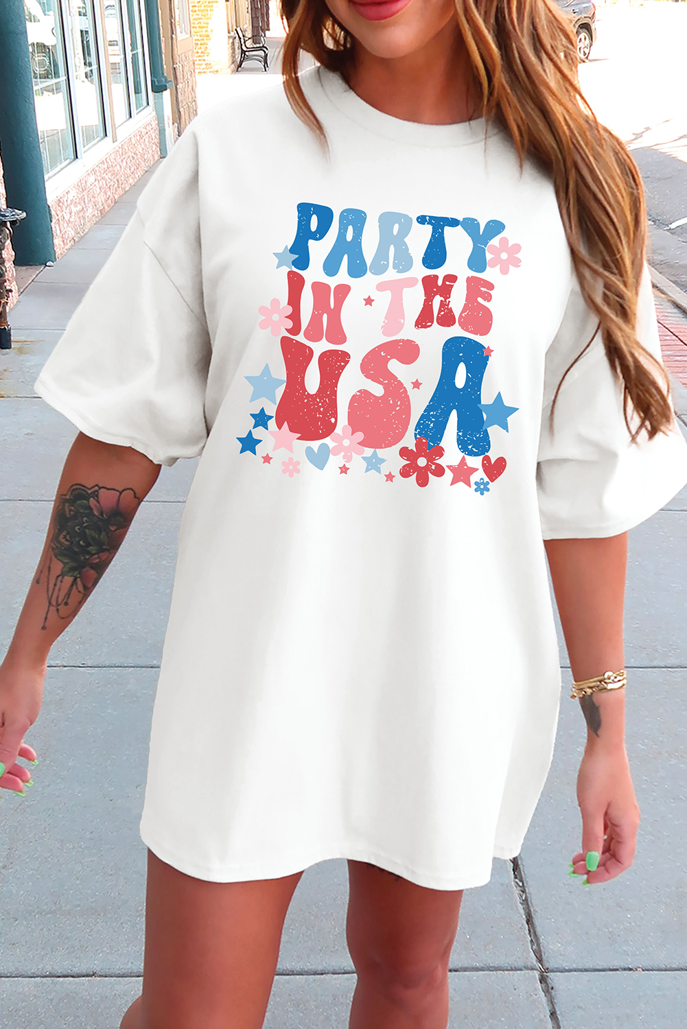 White PARTY IN THE USA Graphic Oversized Tee - loveforevers