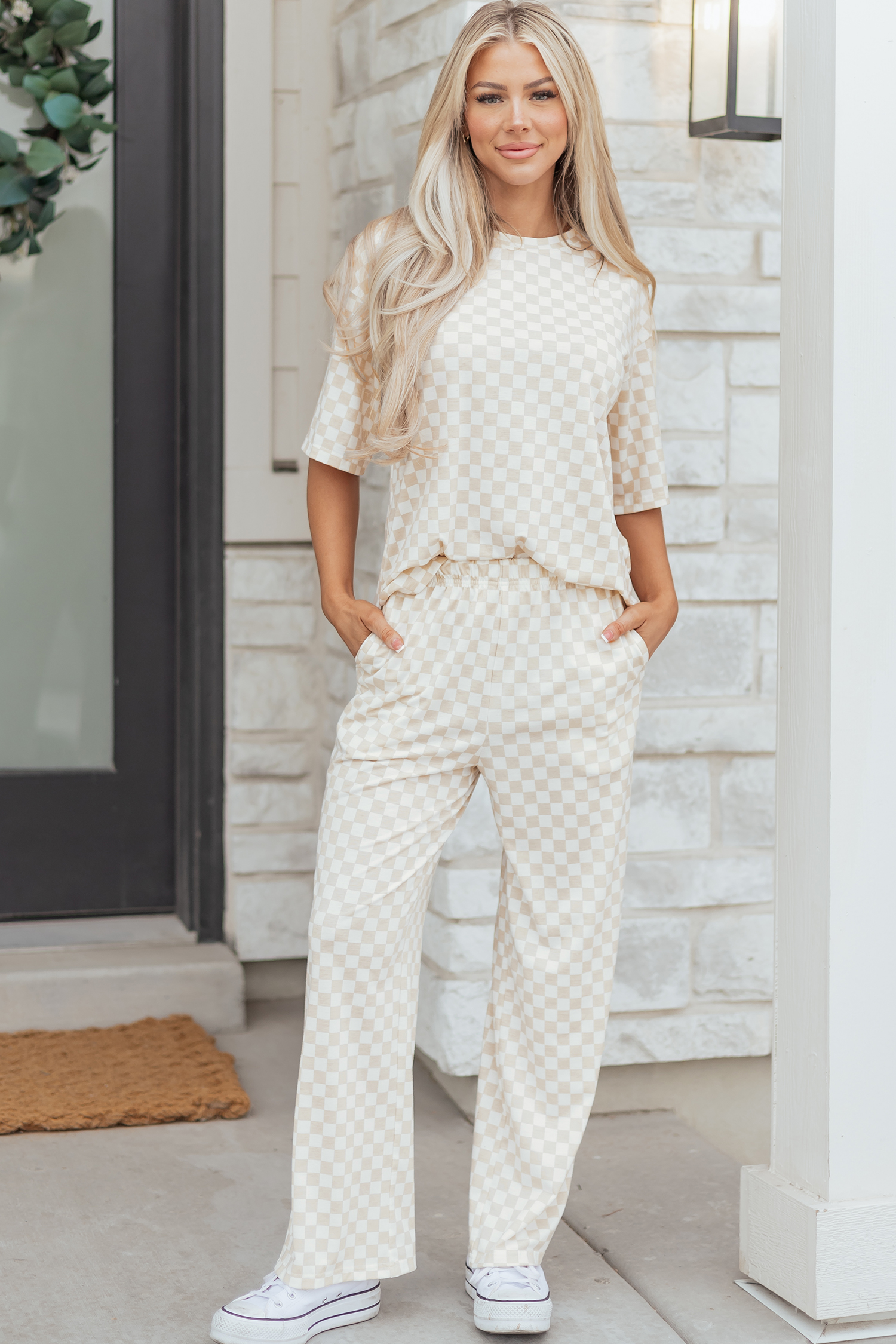 Khaki Checkered Print Half Sleeve Tee 2pcs Lounge Pant Set - loveforevers