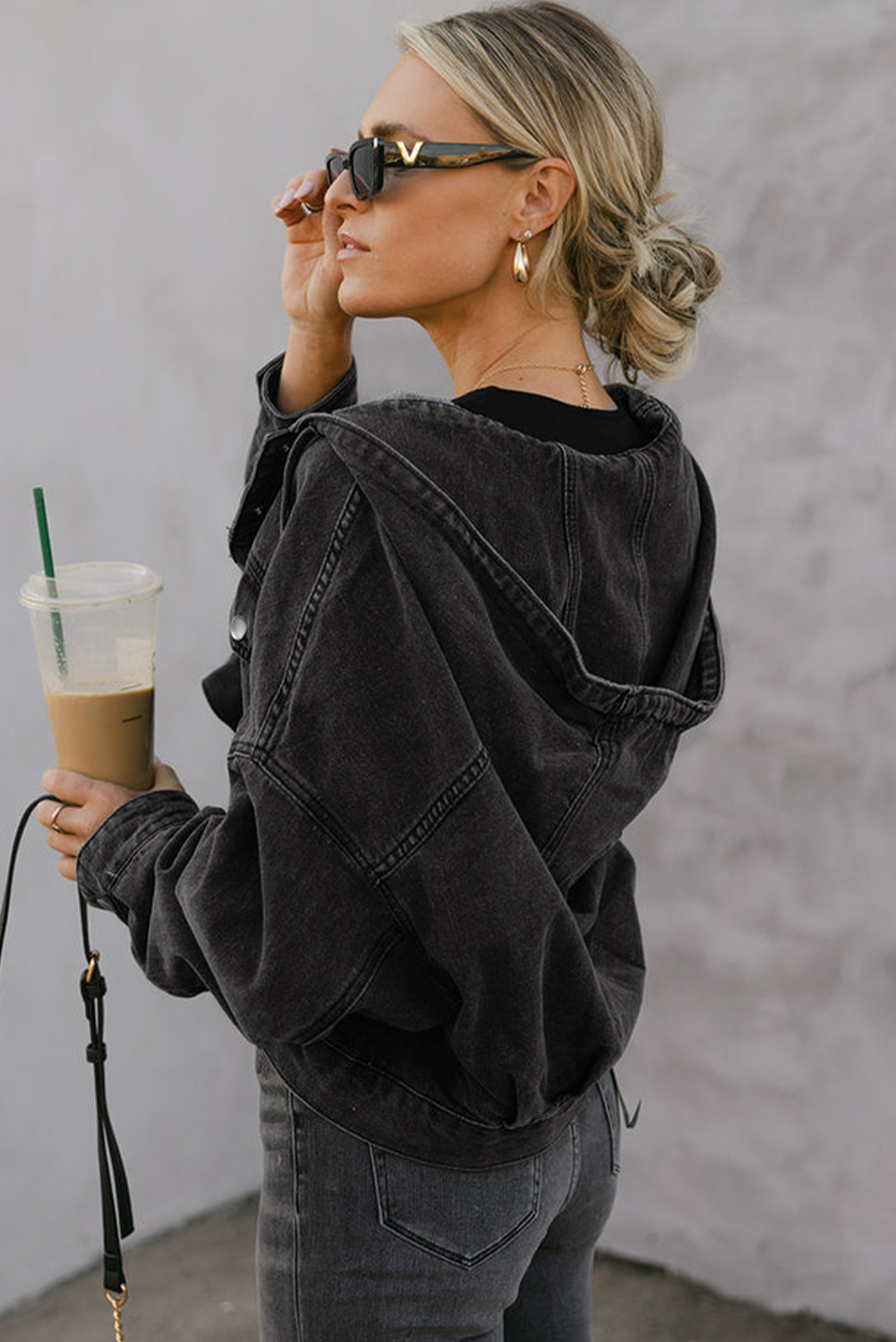 Black Big Chest Pocket Drop Shoulder Hooded Denim Jacket - loveforevers