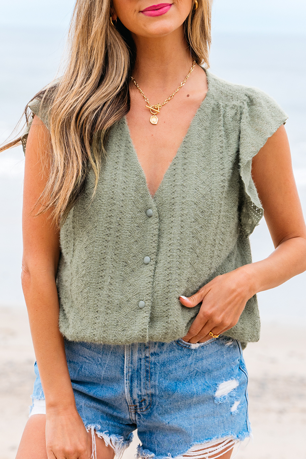Laurel Green Flutter Sleeve Lace V Neck Shirt - loveforevers
