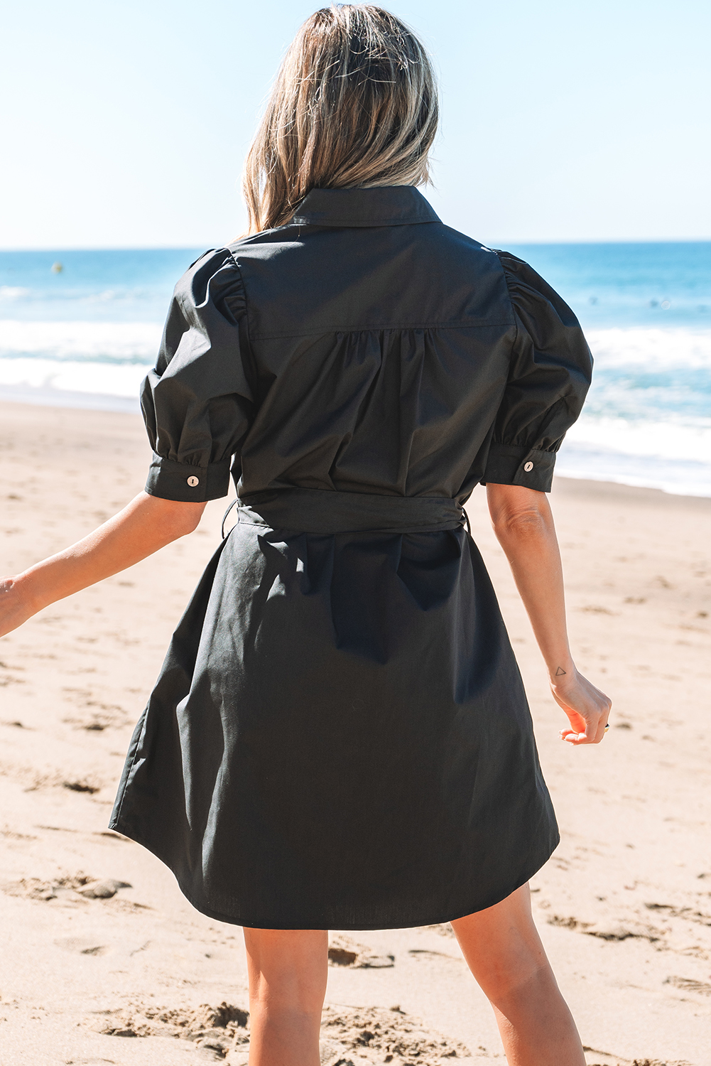 Black Button Up Tie Waist Puff Sleeve Mini Dress - loveforevers
