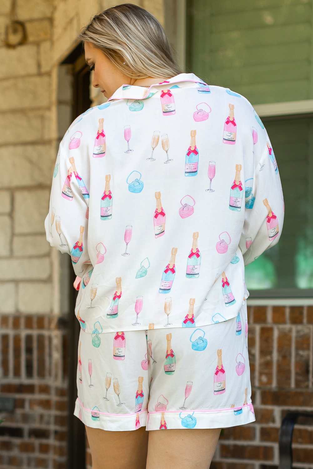 White Christmas Wine Glass Print Bow Knot Two Piece Pajama Set - loveforevers