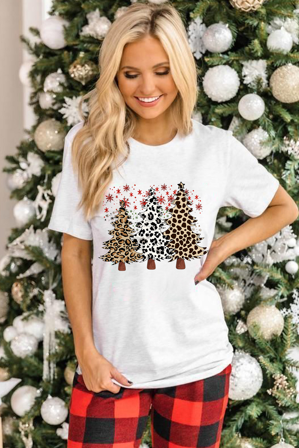 White Leopard Christmas Tree Graphic Crewneck Tee - loveforevers