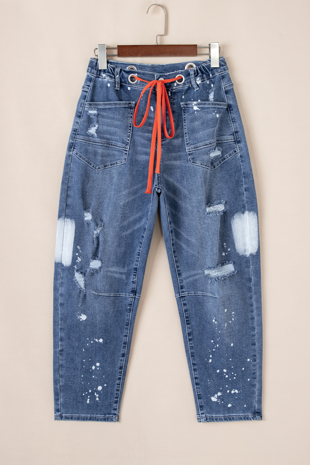 Ashleigh Blue Ripped Splattering Paint Rope Waist Cropped Straight Jeans - loveforevers