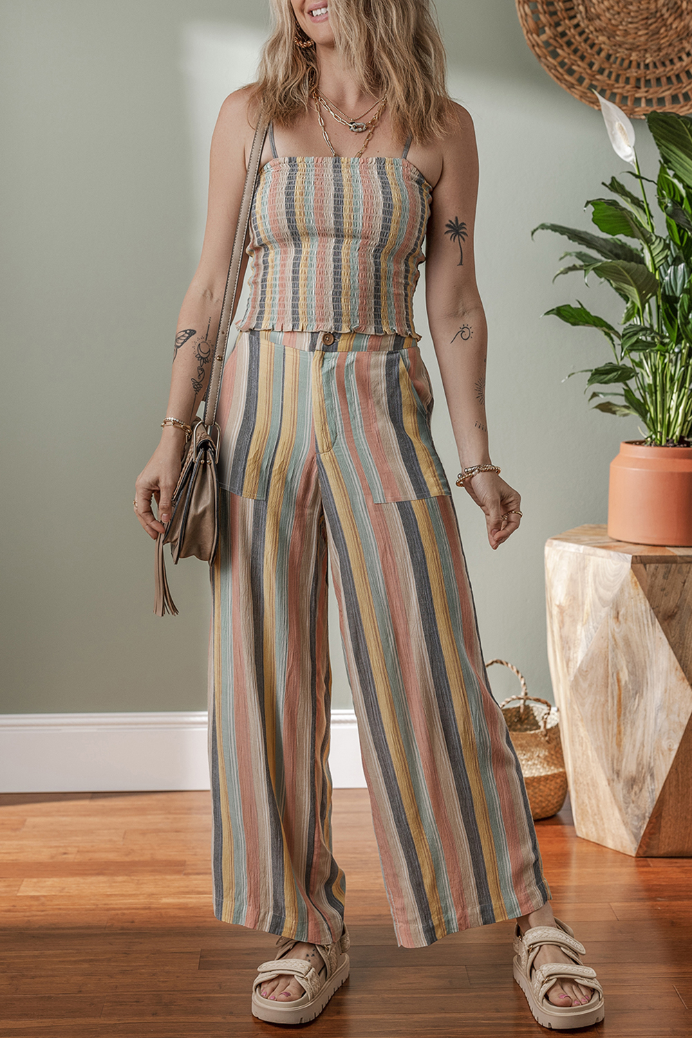 Multicolour Vertical Striped Smocked Cami Top Wide Leg Pants Set - loveforevers