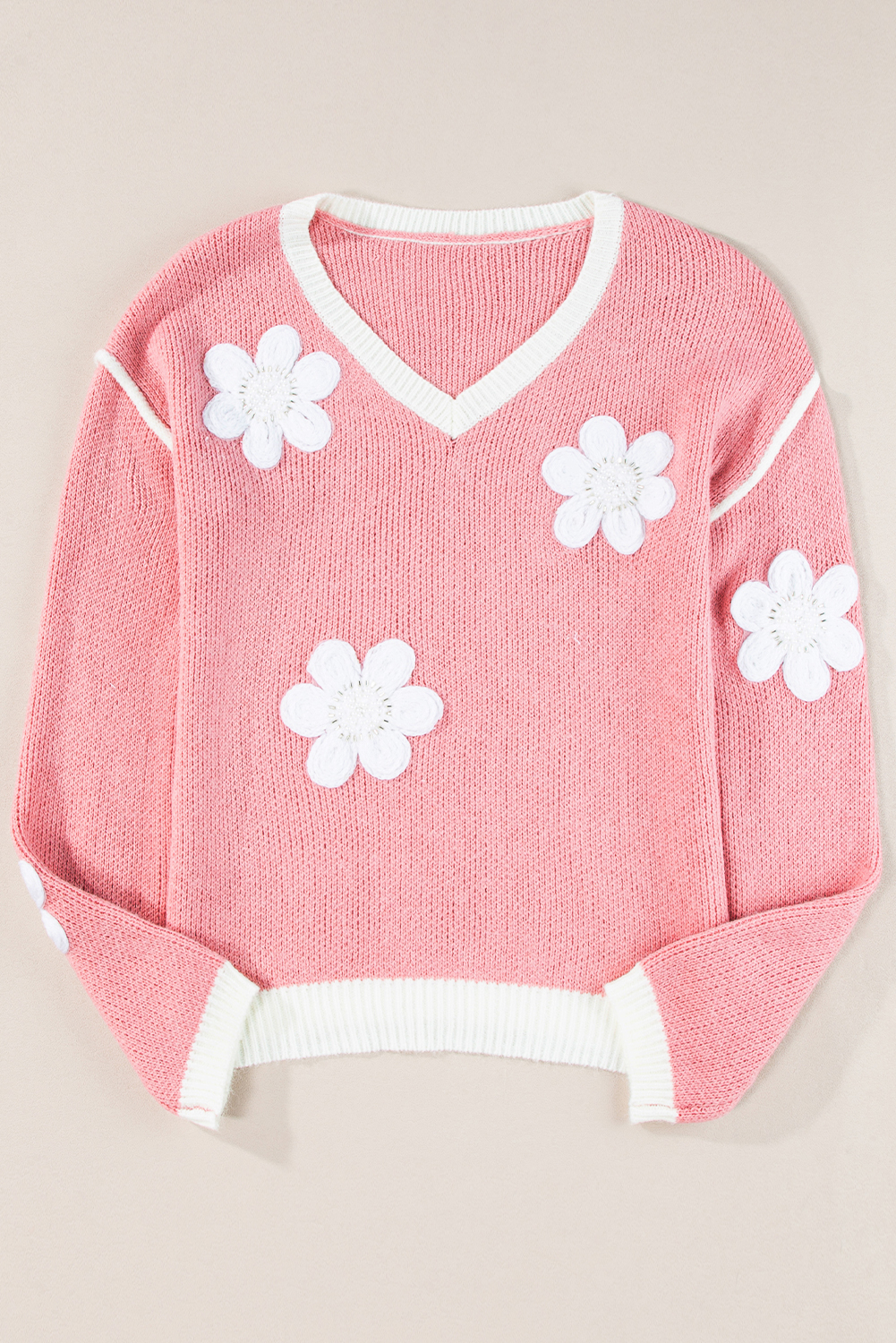 Pink Flower V Neck Dropped Shoulder Sweater - loveforevers