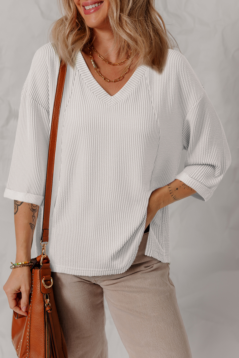 White Solid Color Corded Drop Shoulder 3/4 Sleeve V Neck Top - loveforevers