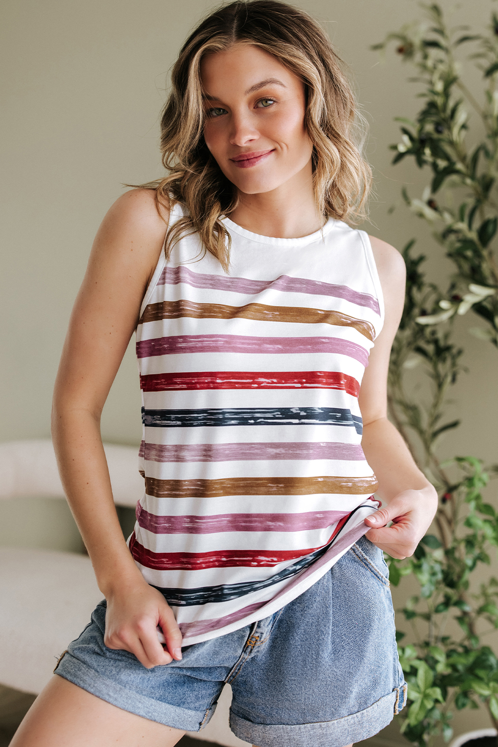 Red Stripe Rainbow Round Neck Tank Top - loveforevers