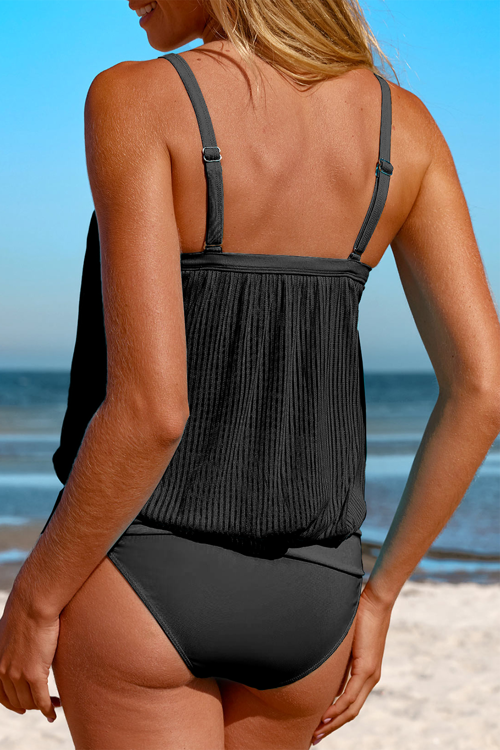 Turquoise Striped Mesh Knotted Hem Tankini Swimsuit - loveforevers