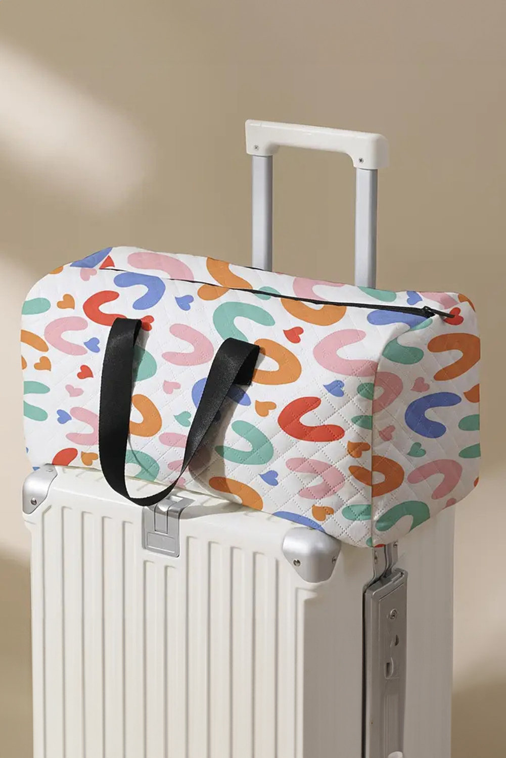 White Heart Shape Print Quilted Zipper Large Duffel Bag - loveforevers