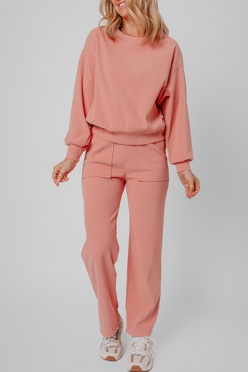 Blossom Ribbed Knit Drop Shoulder Pocketed Two Piece Lounge Set - loveforevers