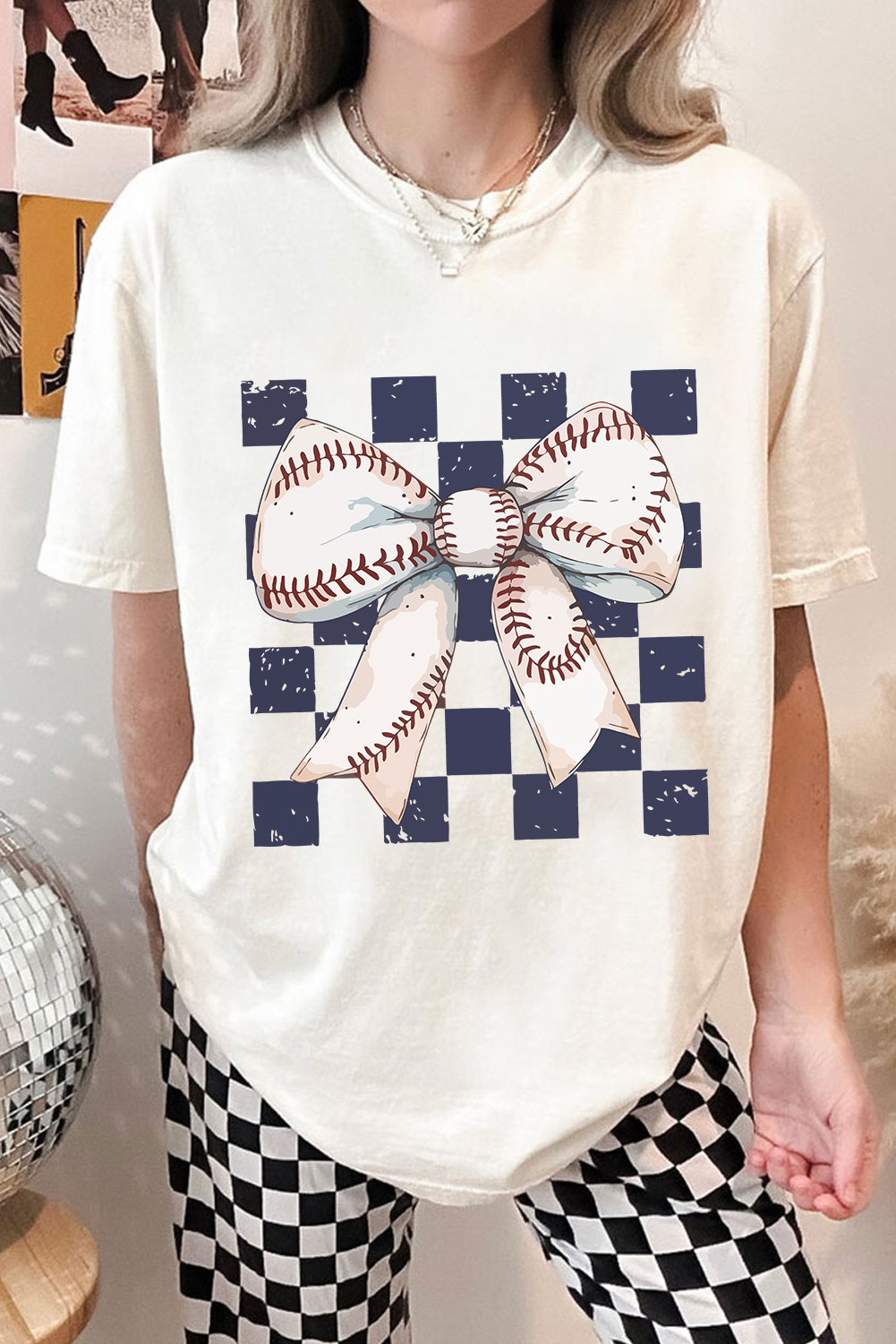 White Checkered Rugby Bowknot Graphic Crew T Shirt - loveforevers