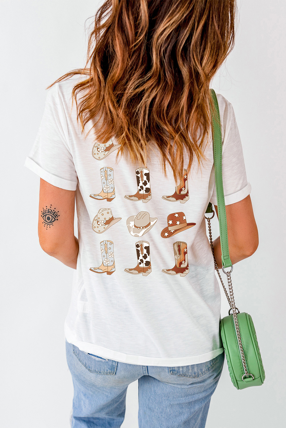 White Western Cowboy Boots Print Round Neck T Shirt - loveforevers