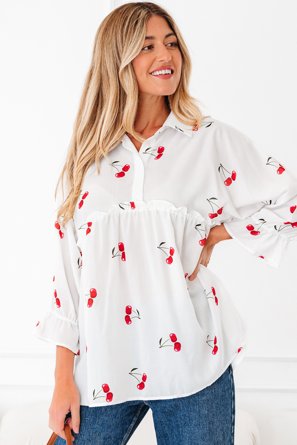 White Cherry Print Flounce Sleeve Collared Frilled Babydoll Blouse - loveforevers