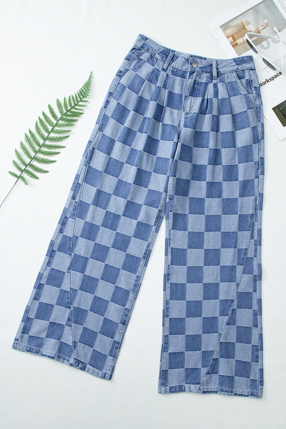 Dark Grey Checkered Denim Wide Leg Jeans - loveforevers