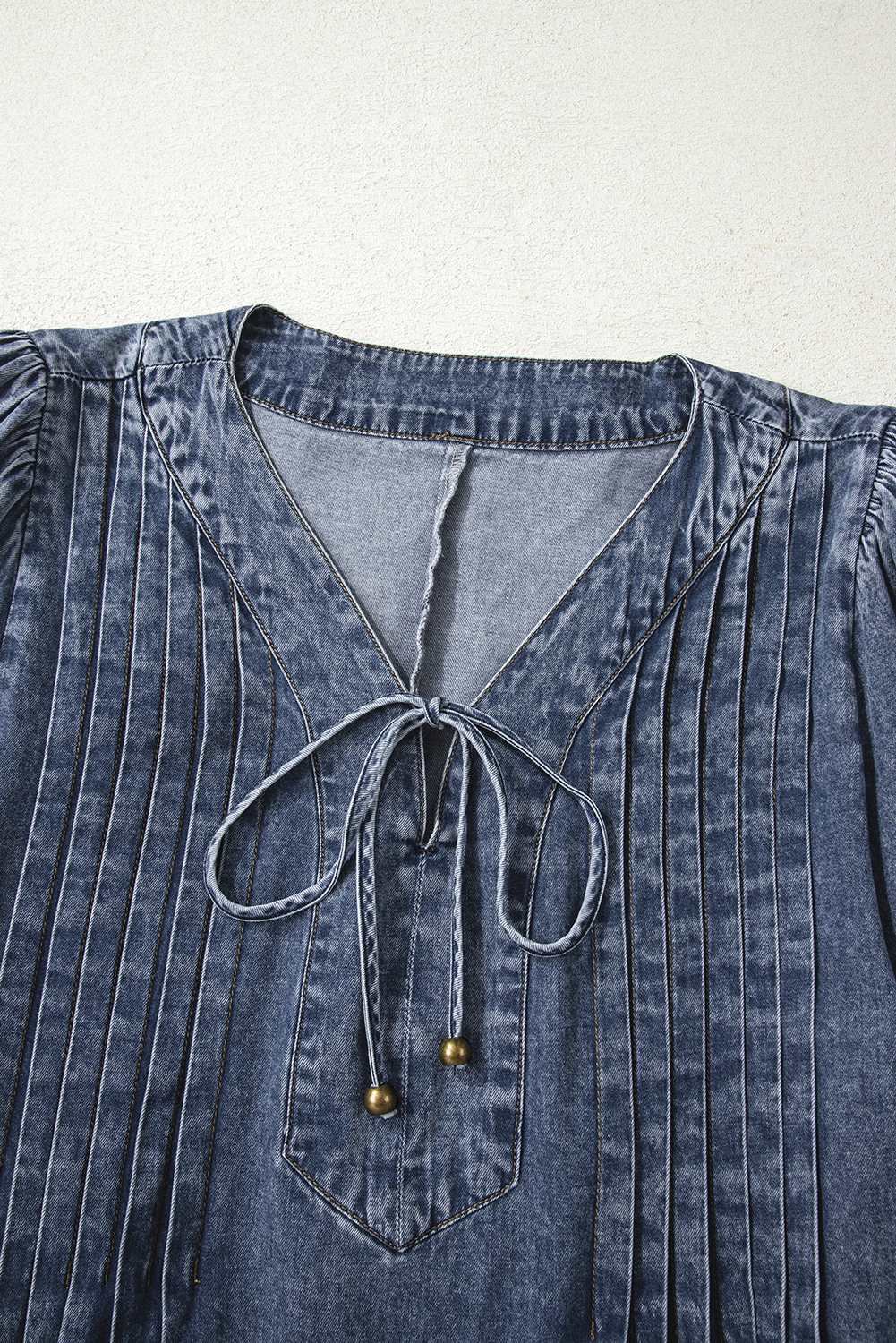 Sail Blue 3/4 Sleeve Tied V Neck Pleated Denim Mini Dress - loveforevers