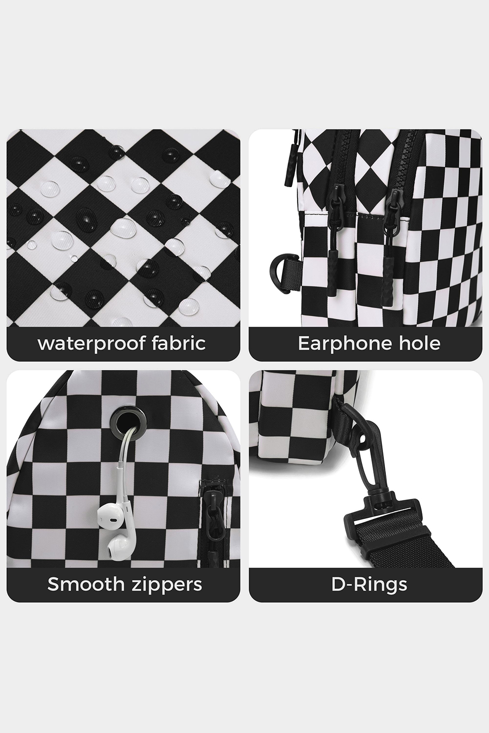 Black Checkered Print Zip Front Sling Backpack Crossbody Bag - loveforevers