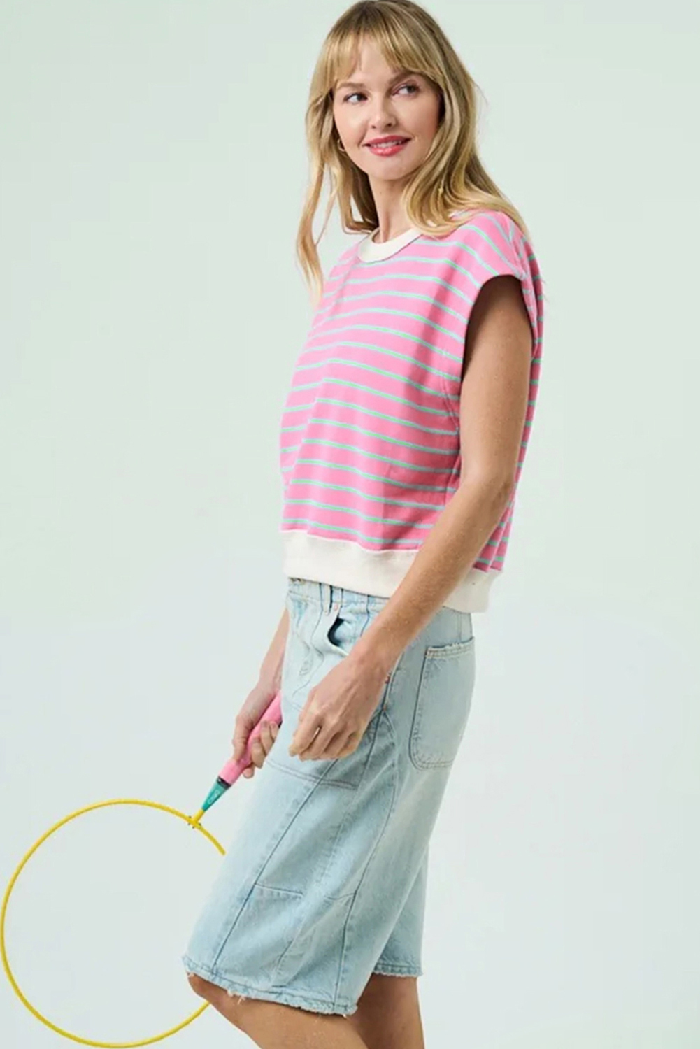Sachet Pink Striped Crew Neck Cap Sleeve T Shirt - loveforevers
