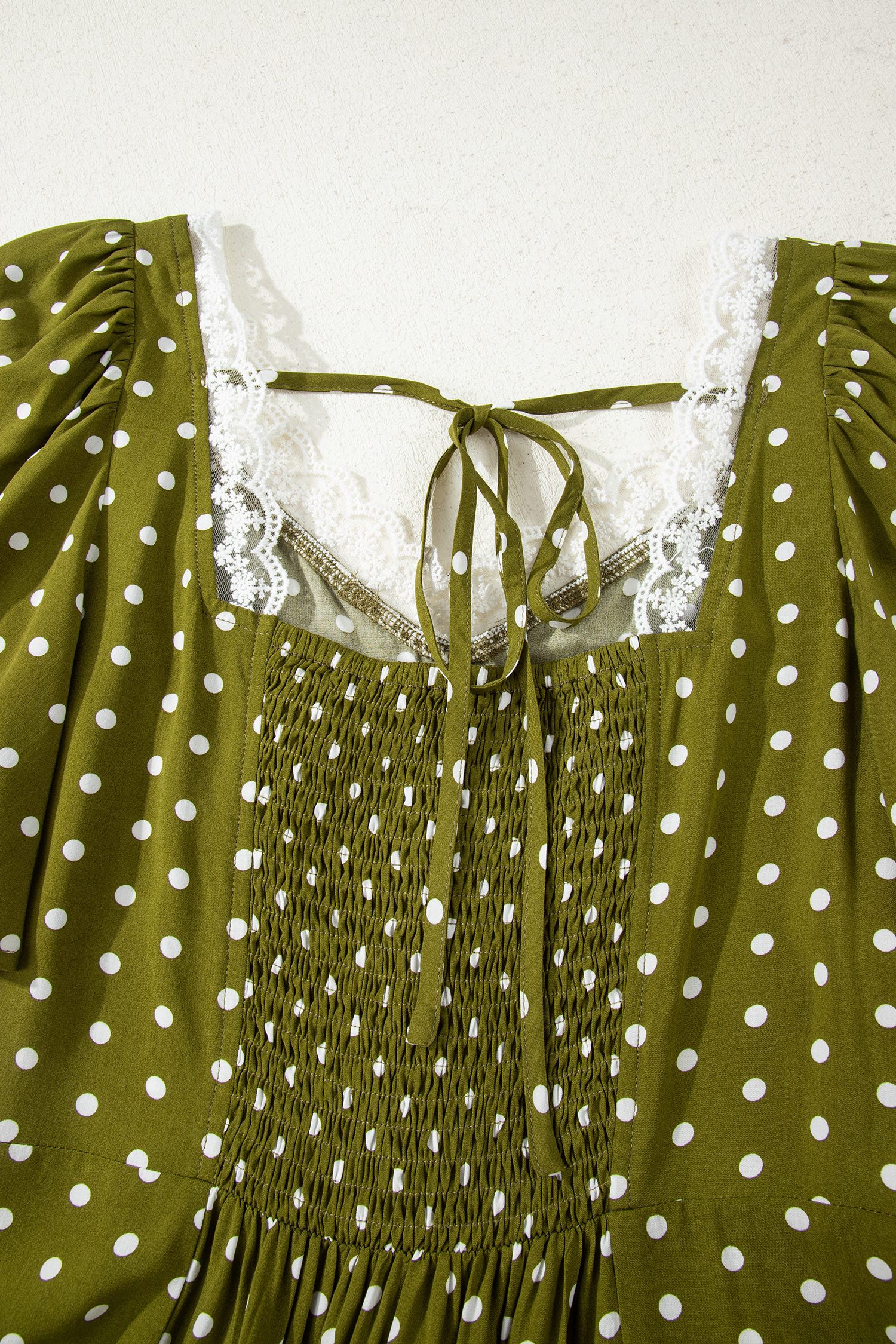 Green Polka Dot Print Lacy Neckline Smocked High Waist Maxi Dress - loveforevers
