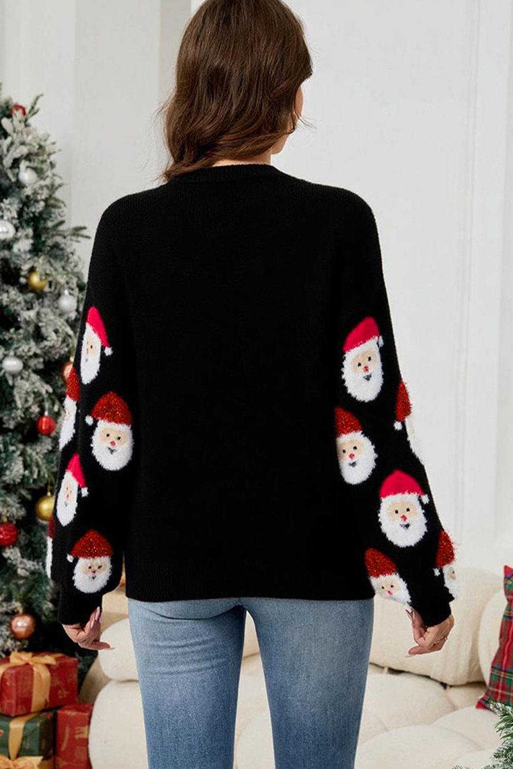 Black Christmas Santa Claus Pattern Button V Neck Sweater Cardigan - loveforevers