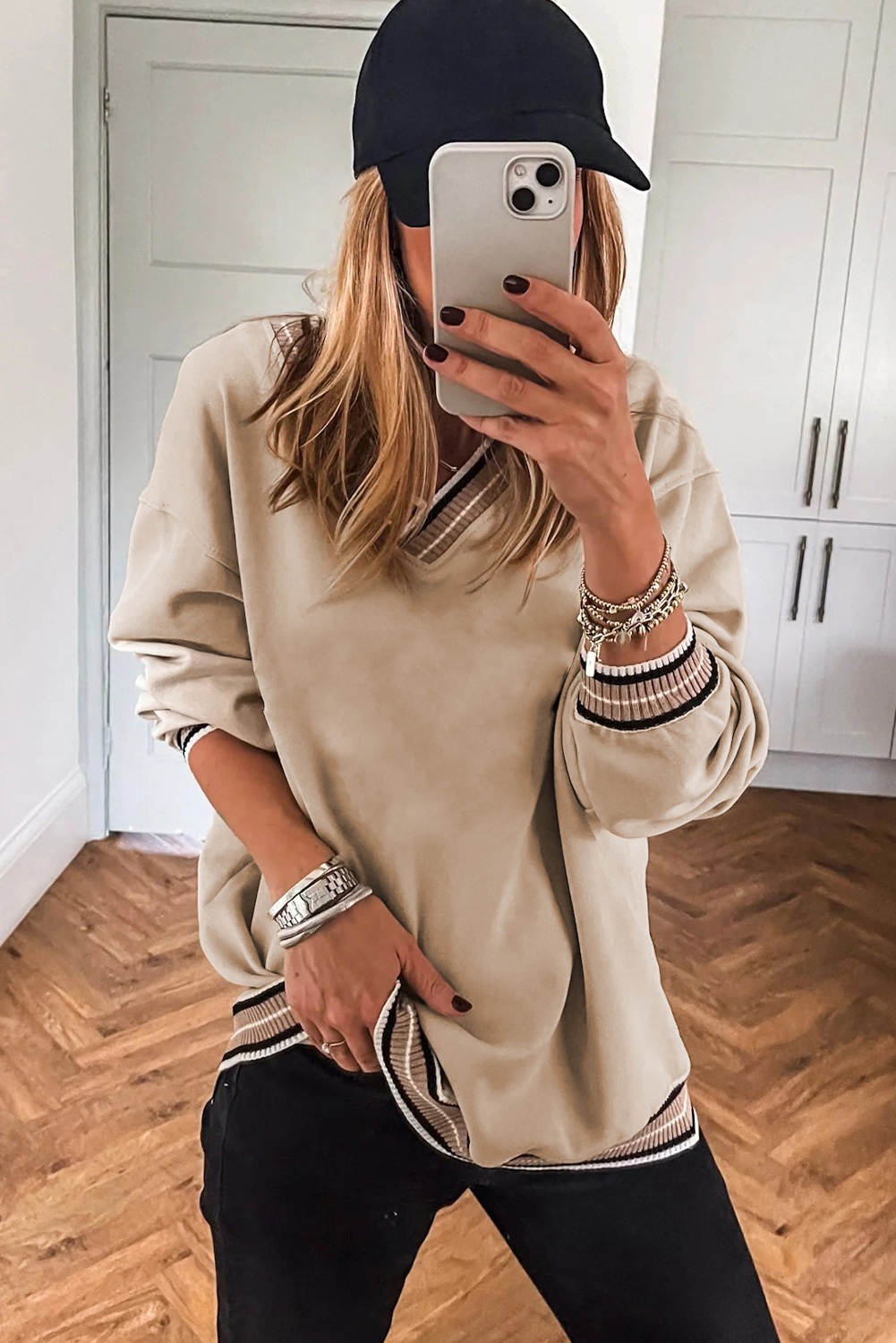 Gray Varsity Contrast Striped Trim V Neck Sweatshirt - loveforevers