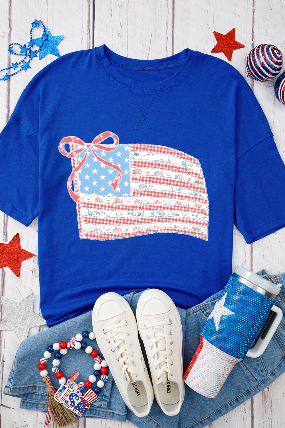 Dark Blue Bowknot Floral American Flag Print Side Slit 4th July T Shirt - loveforevers