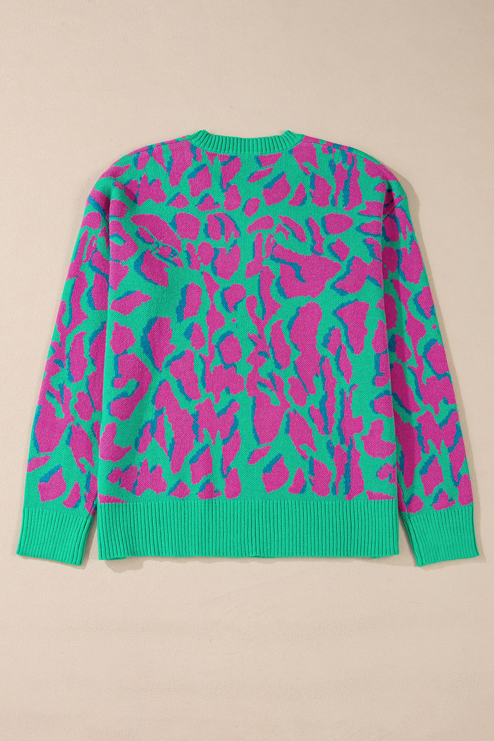 Green Abstract Print Ribbed Trim Baggy Sweater - loveforevers