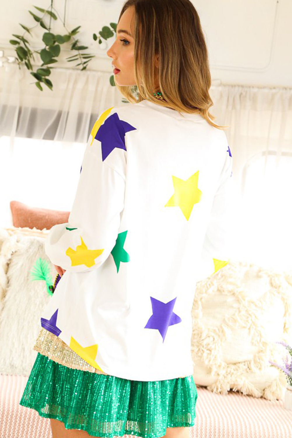 White Mardi Gras Star Printed Long Sleeve Top - loveforevers