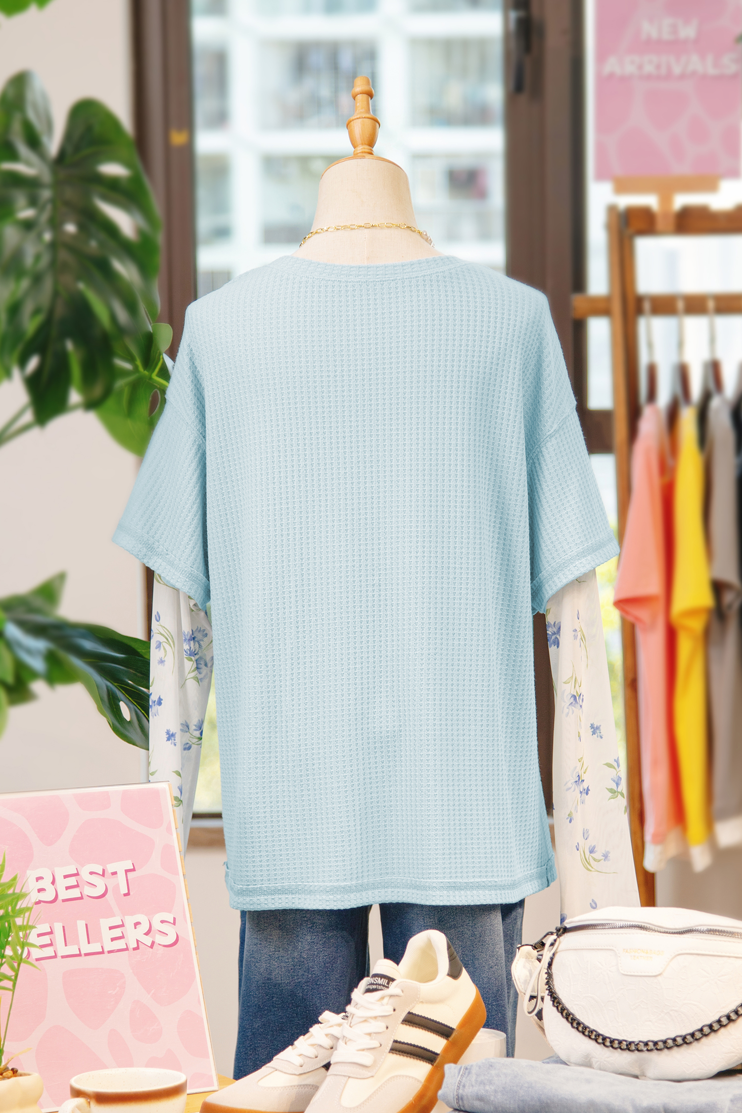 Beau Blue Floral Lace Sleeve Patchwork Waffle Fake Two-piece Top - loveforevers