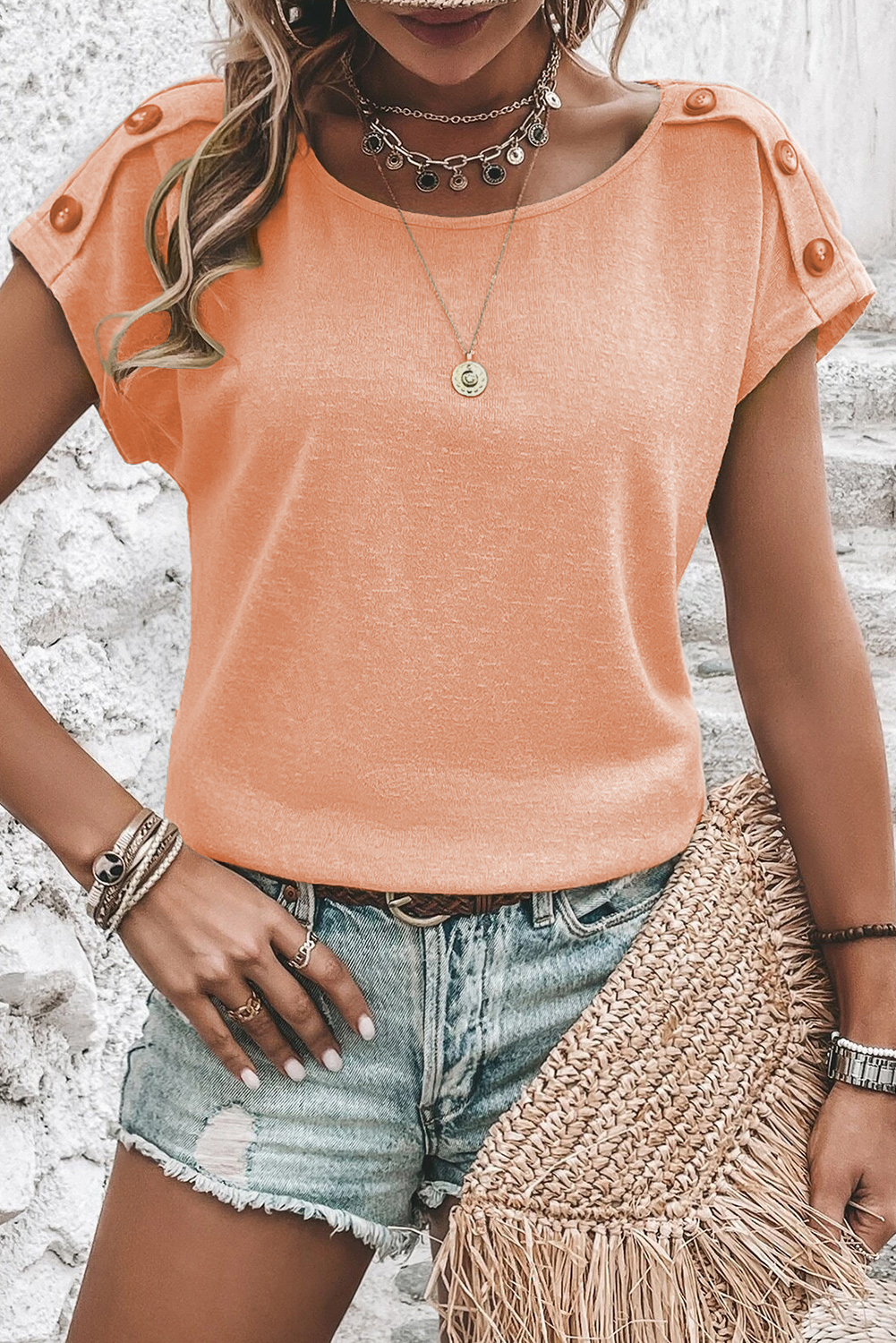 Apricot Pink Button Detail Batwing Sleeve Casual Tee - loveforevers