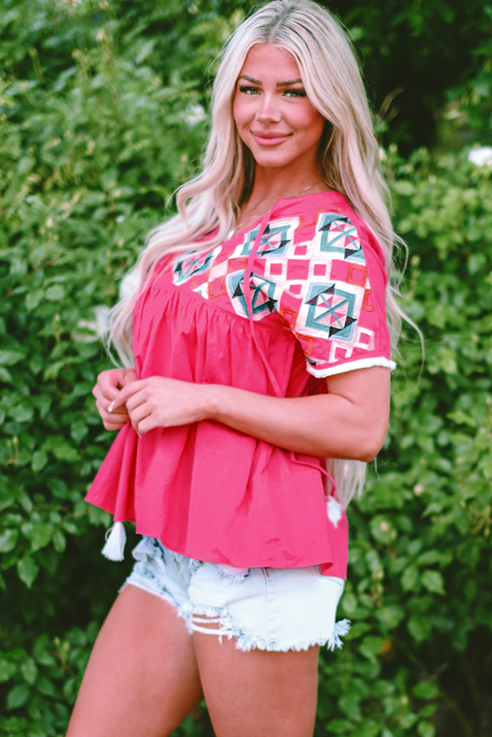 Strawberry Pink Geometric Embroidered Tassel Tie V Neck Blouse - loveforevers