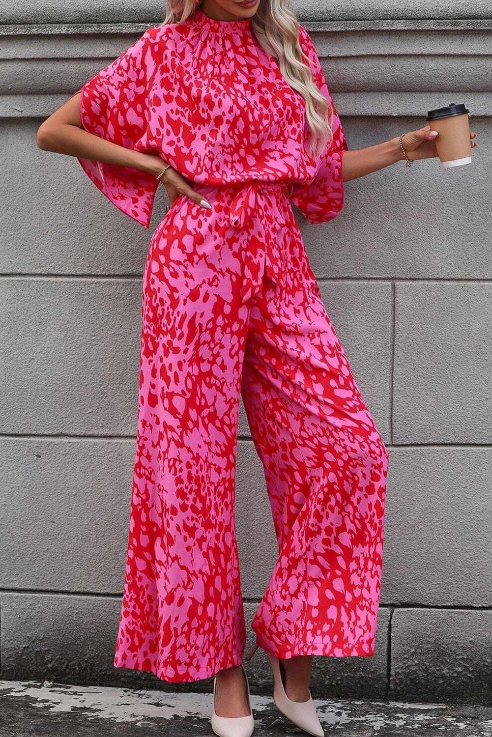 Rose Leopard Loose Sleeve Belted Wide Leg Jumpsuit - loveforevers
