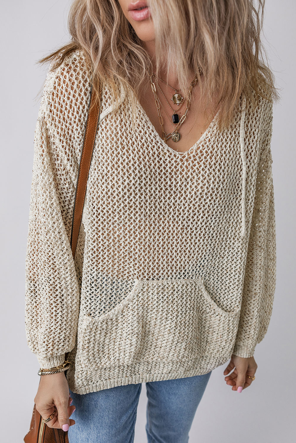 Jet Stream Hollow-out Kangaroo Pocket V Neck Hooded Sweater - loveforevers