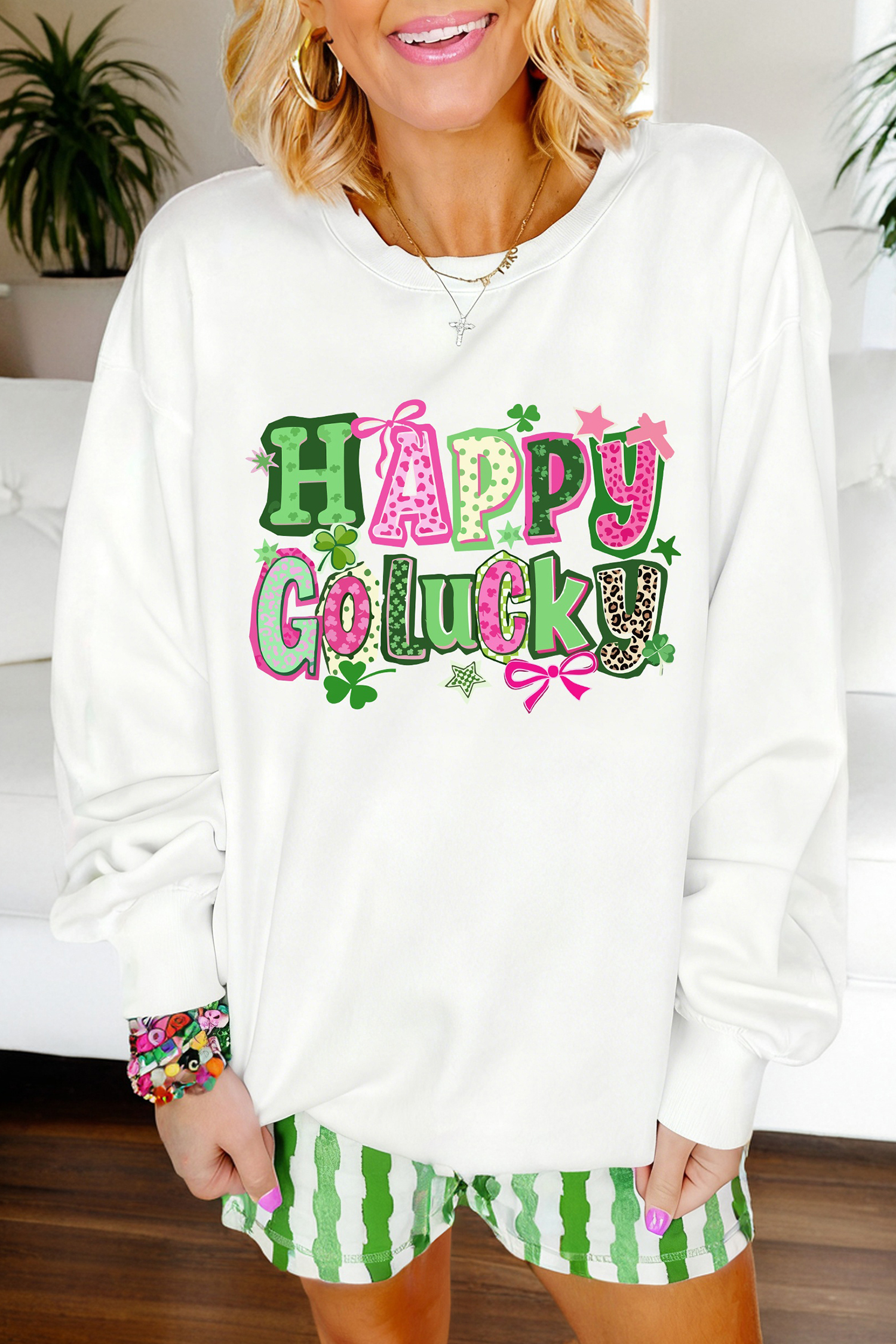 White HAPPY GO LUCKY Playful Letter Print Sweatshirt - loveforevers