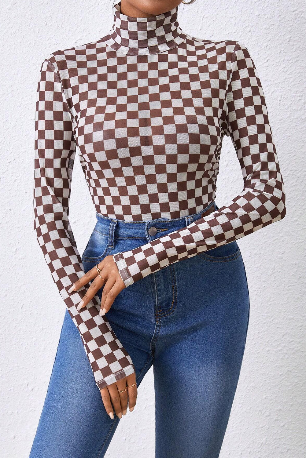 Khaki Checkered Pattern Mesh Mock Neck Long Sleeve Top - loveforevers