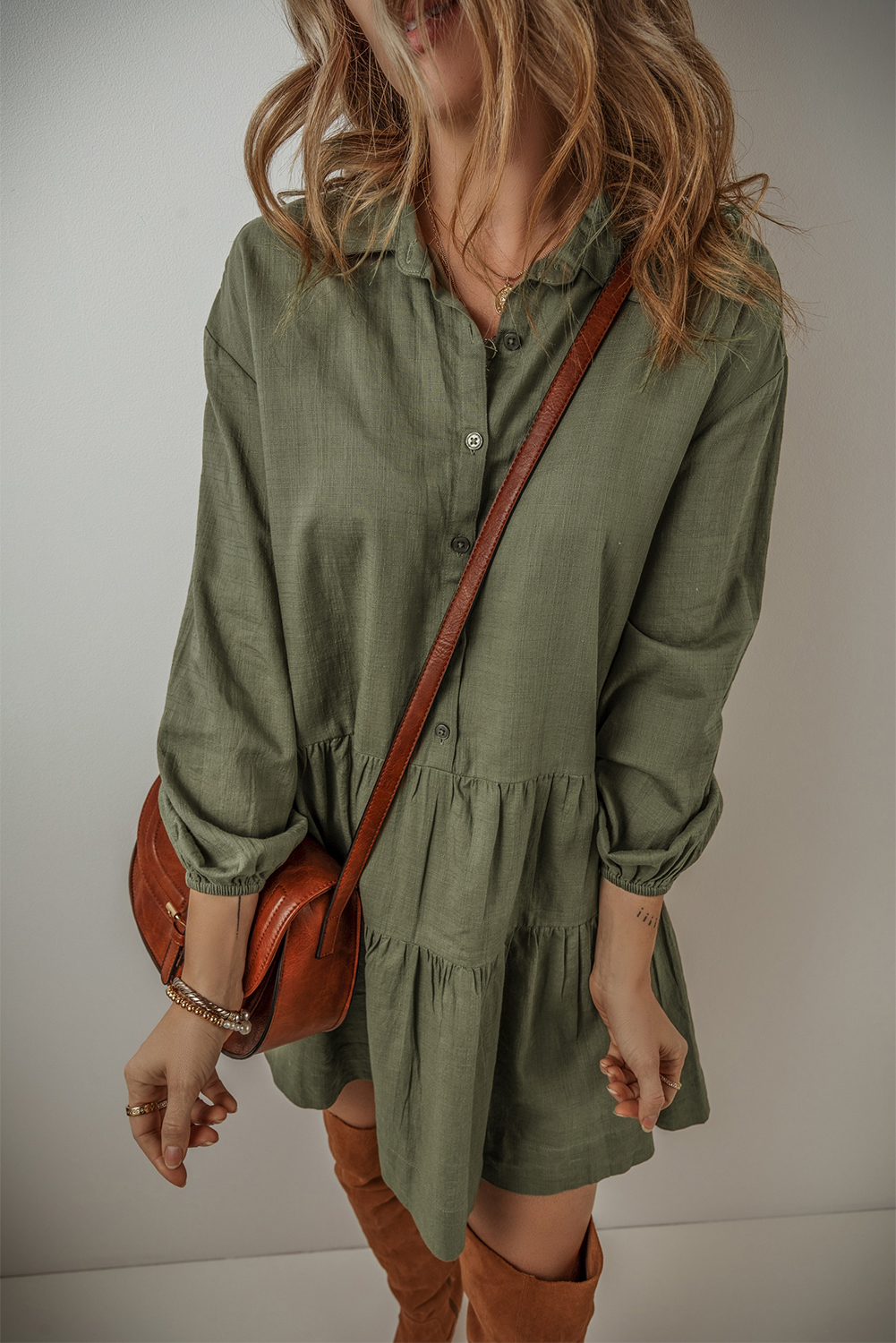 Jungle Green Puff Sleeve Buttoned Tiered Pleated Shirt Mini Dress - loveforevers