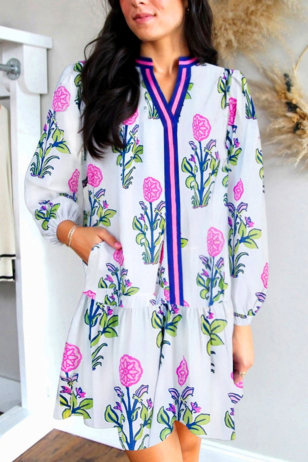 White Floral Print Contrast Striped Trim Notched Neck Long Sleeve Dress - loveforevers