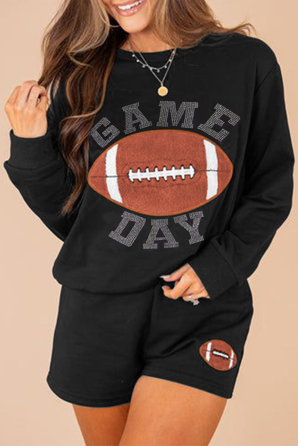 Black GAME DAY Rugby Football Graphic Pullover and Shorts Casual Outfit - loveforevers