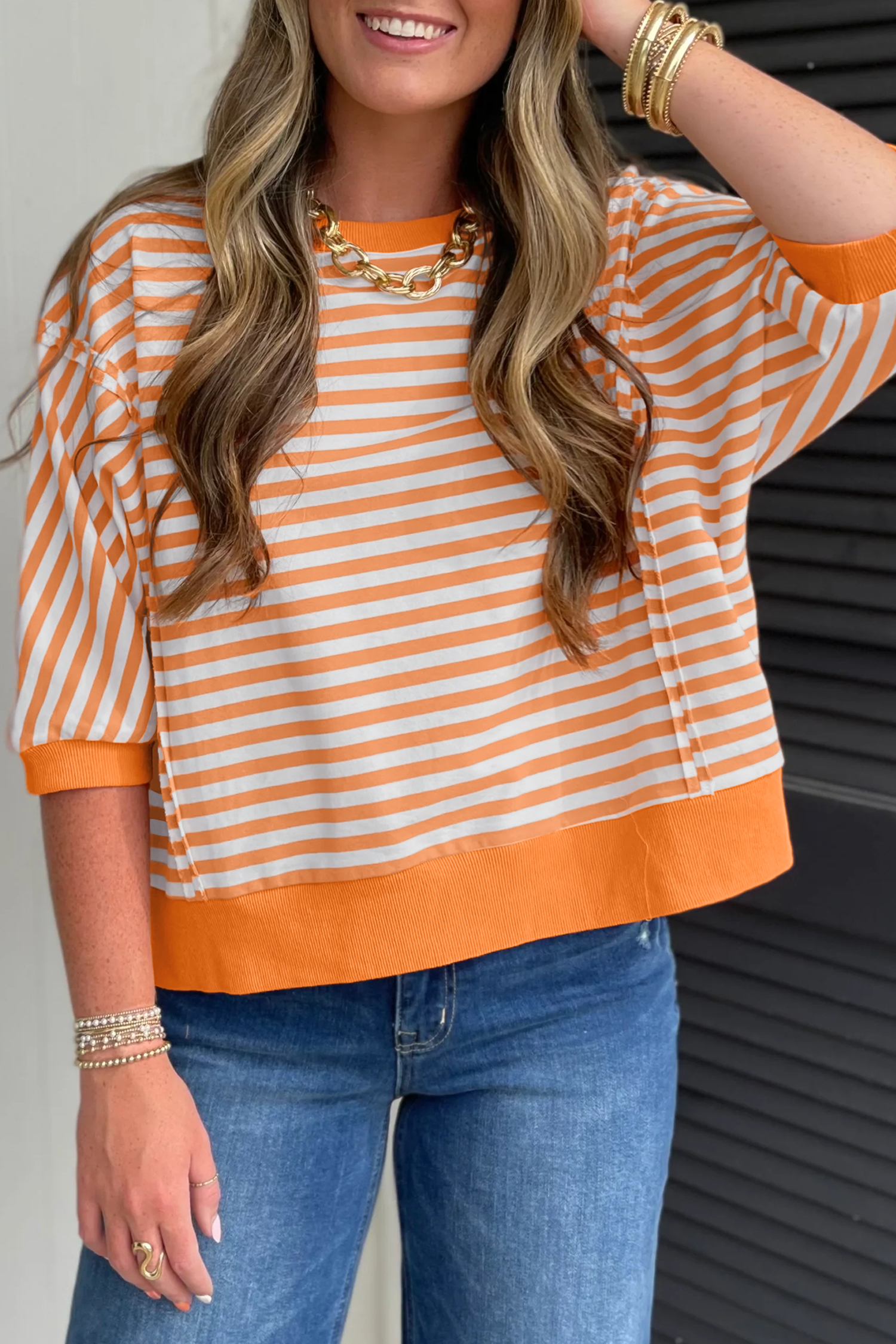 Orange Stripe 3/4 Sleeve Exposed Seam Patchwork Pullover Top - loveforevers