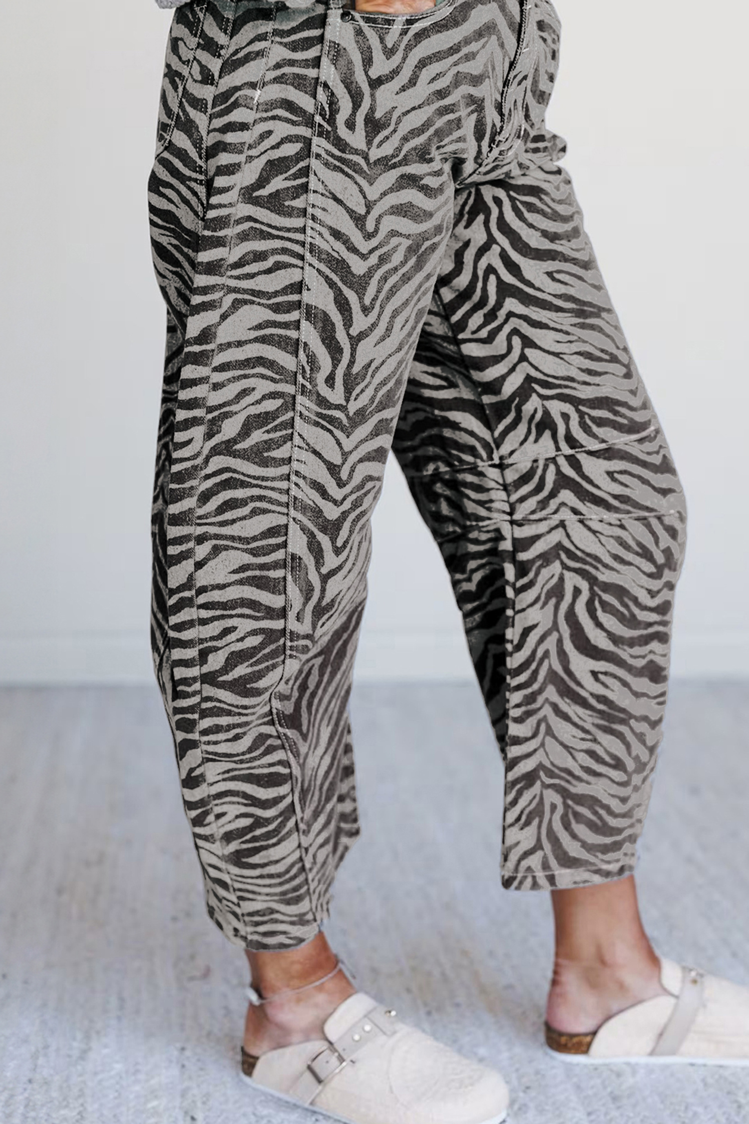 Gray Zebra Stripe Printed Wide Leg Jeans - loveforevers