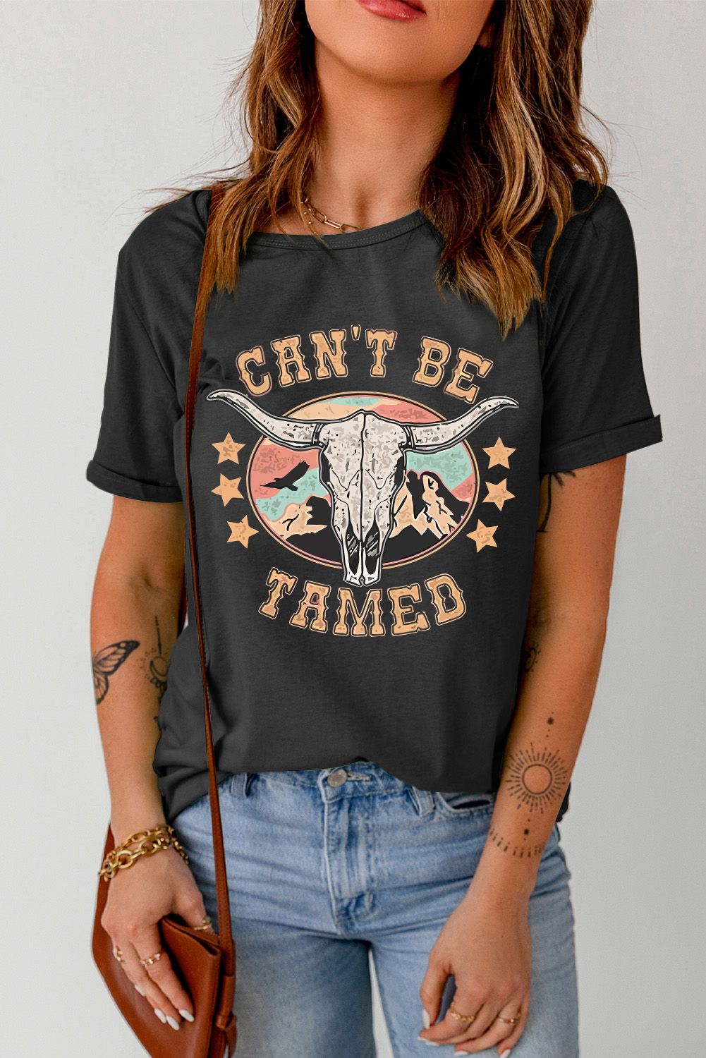 White Bull Skull American Flag Graphic Tee - loveforevers