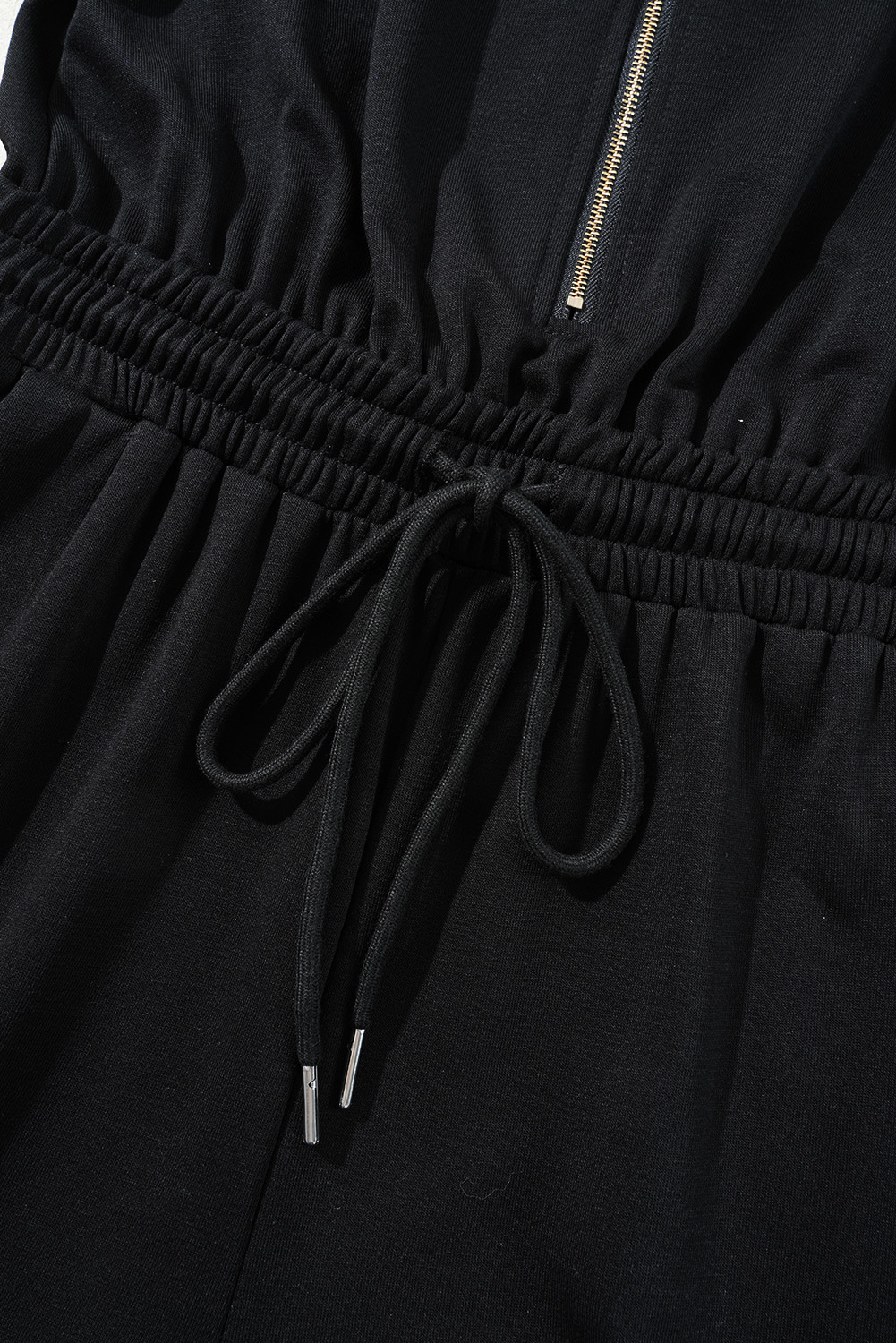 Black Zipper Flutter Sleeve Drawstring Elastic Waistband Jumpsuit - loveforevers