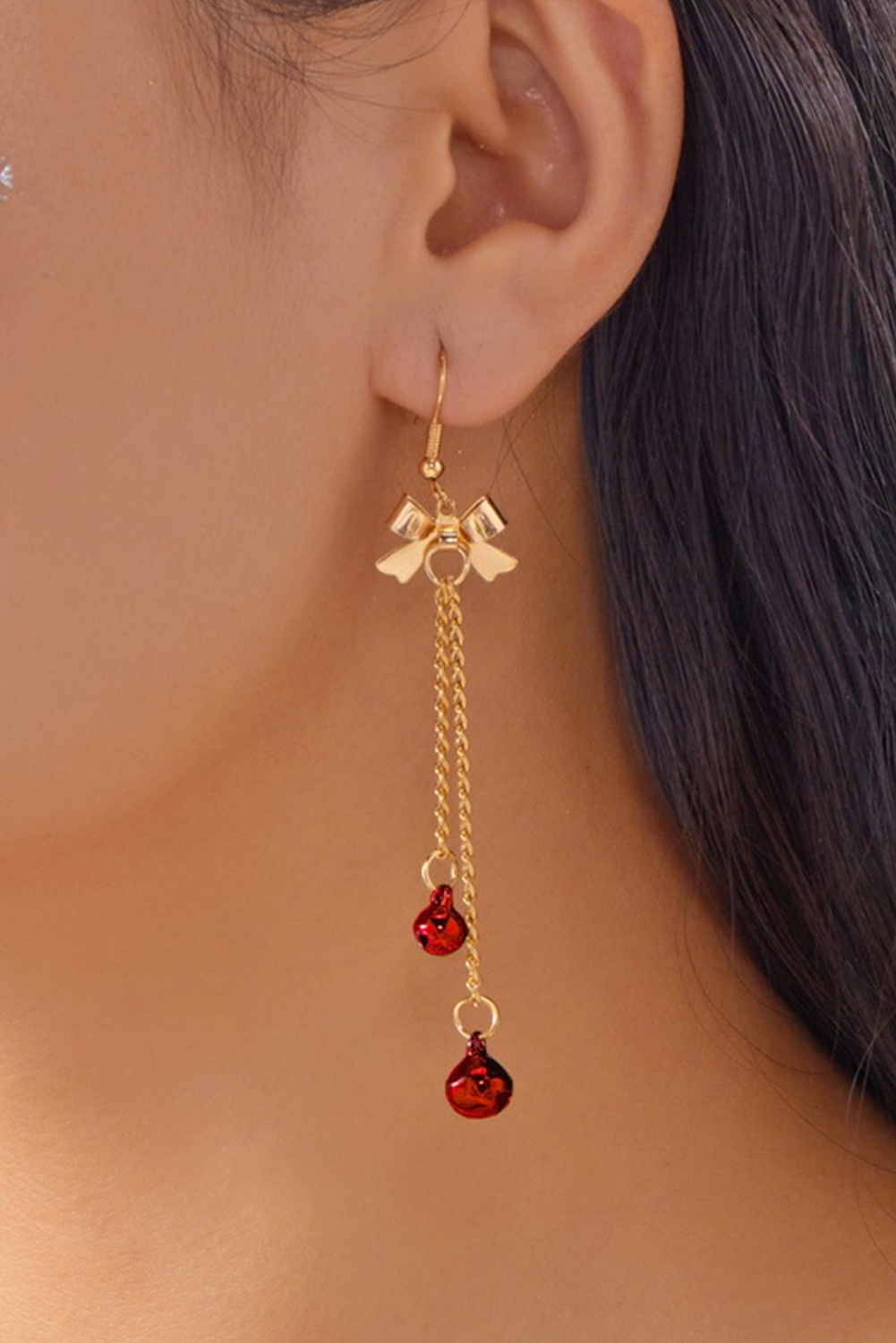 Fiery Red Jingle Bell Tassel Dangle Gold Plated Bow Hook Earrings - loveforevers