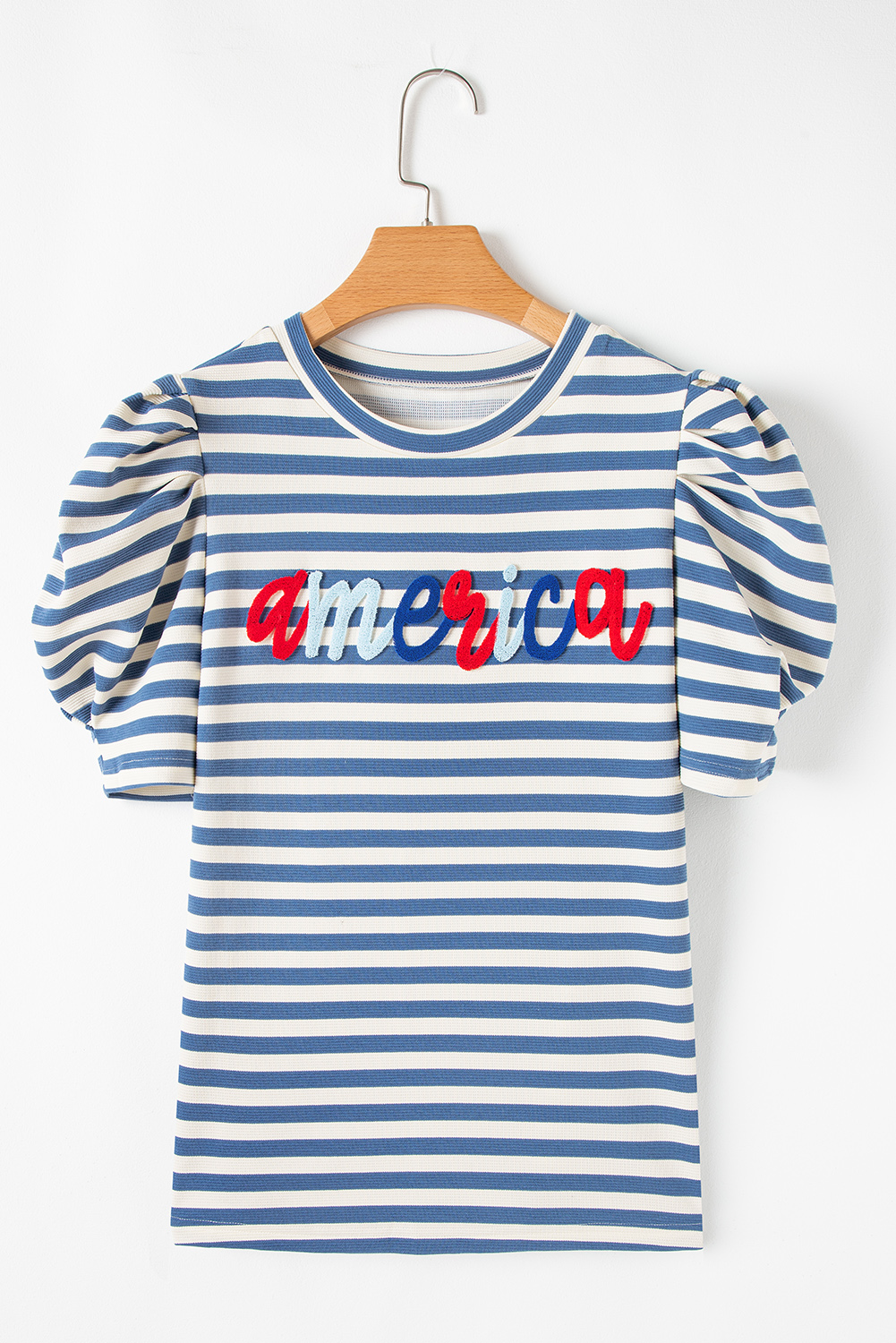 Blue Stripe America Cursive Graphic Puff Sleeve T-shirt - loveforevers