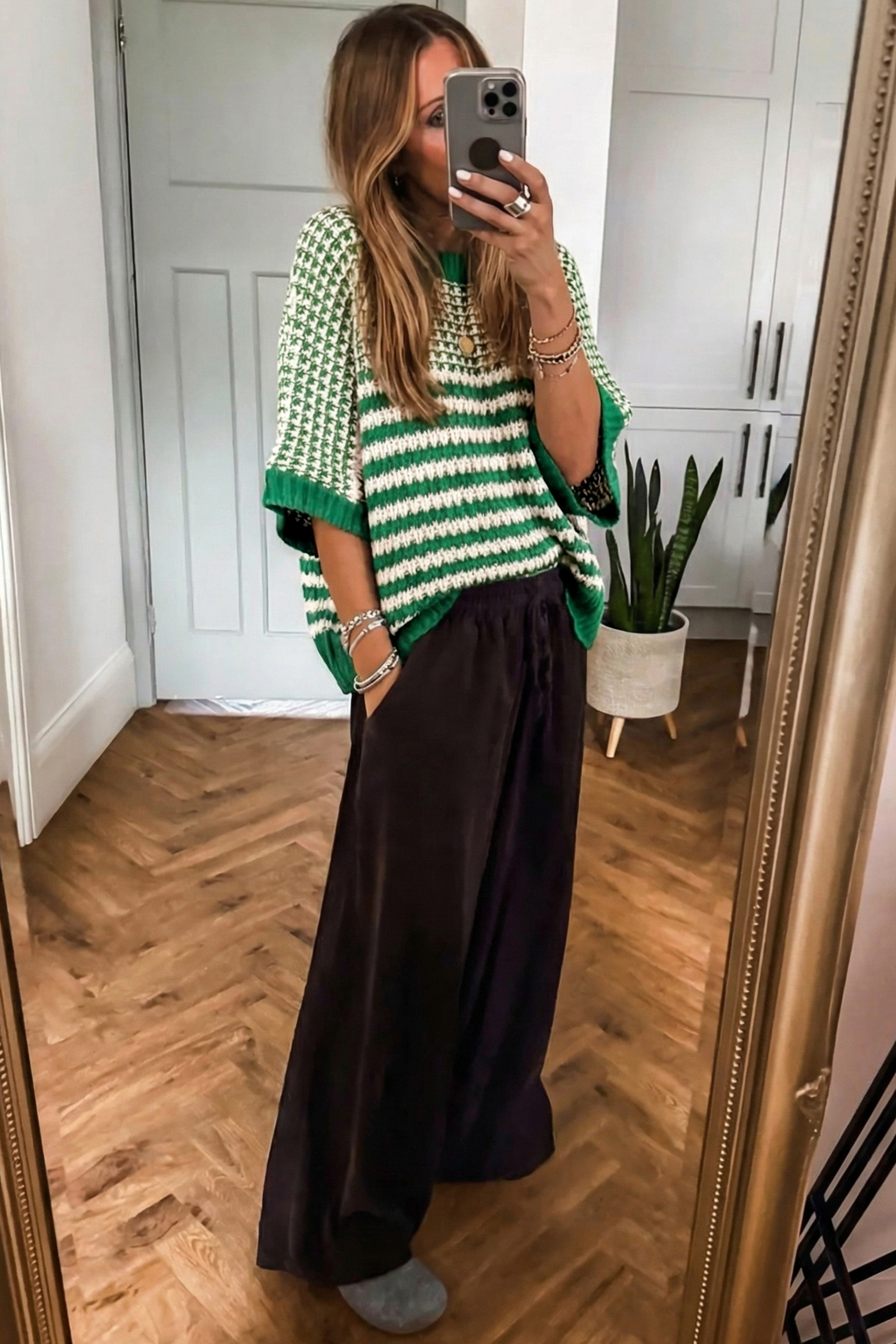 Black Stripe 3/4 Draped Sleeve Slouchy Sweater - loveforevers