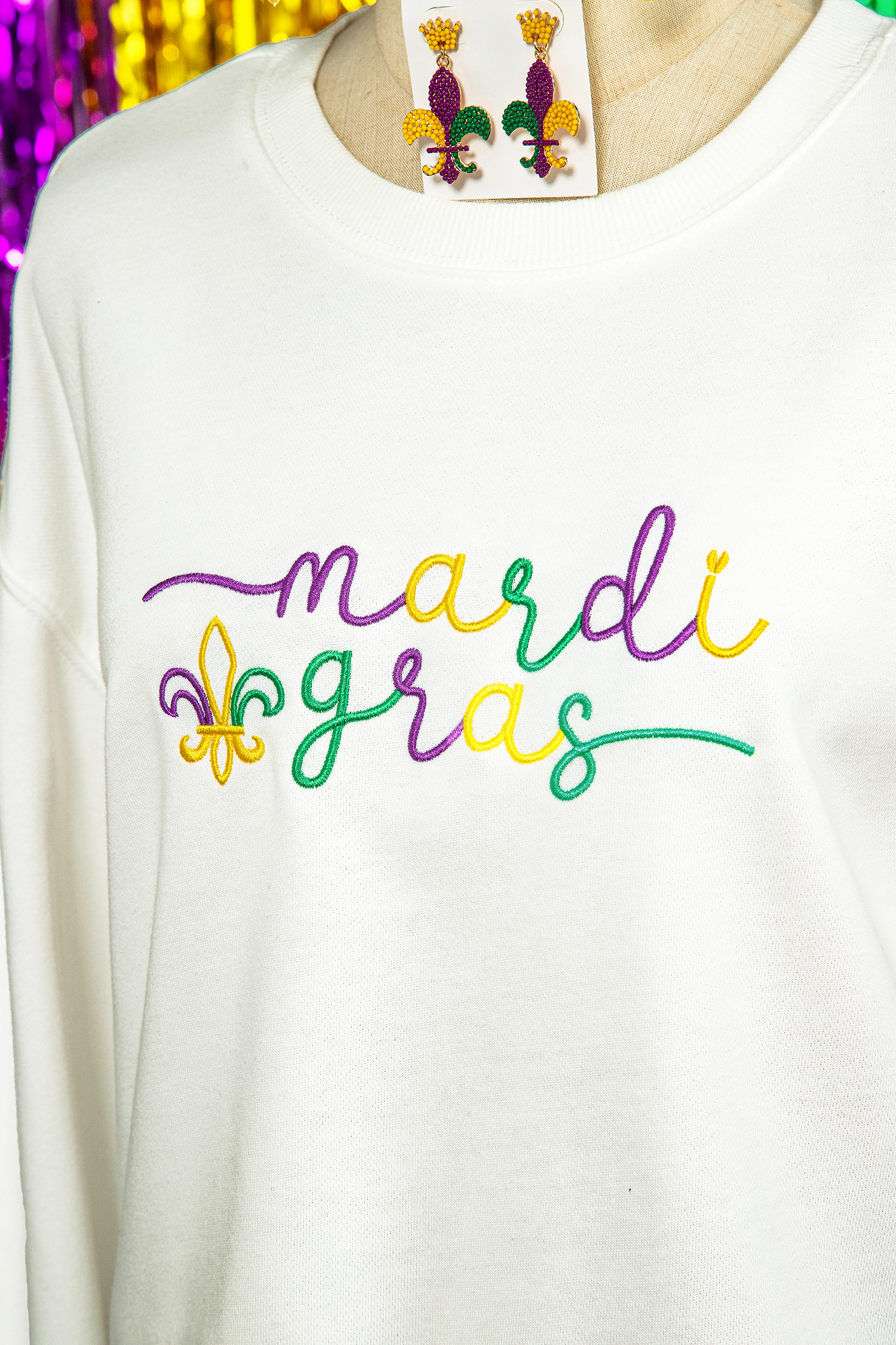 White mardi gras Fleur De Lis Embroidered Graphic Pullover Sweatshirt - loveforevers